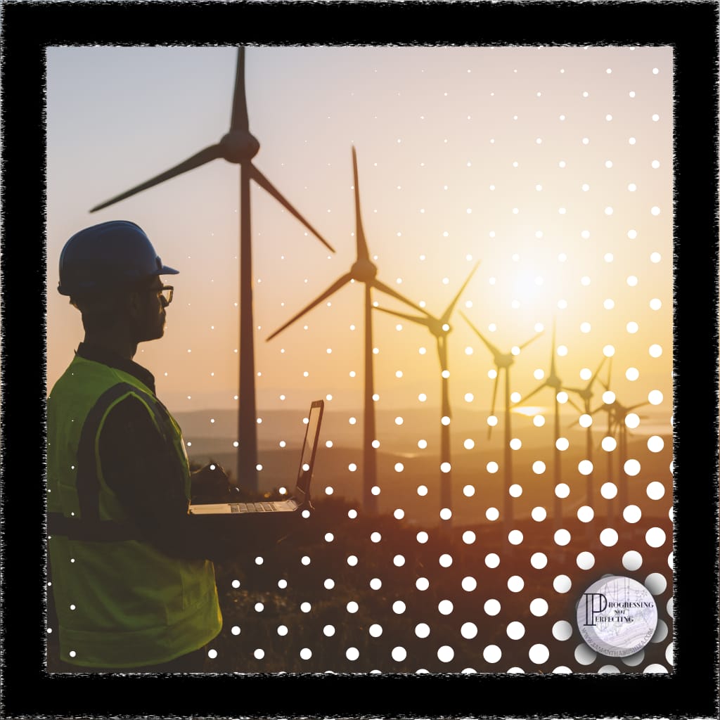 Personal Energy Management : A Man In A Hard Hat Holding A Laptop In Front Of Windmills