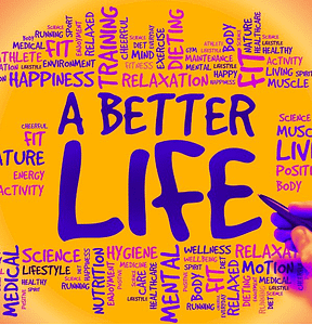 Image shows the words 'a Better life' with relating words around in a mind mapping style such as future, relax, mental and fit.