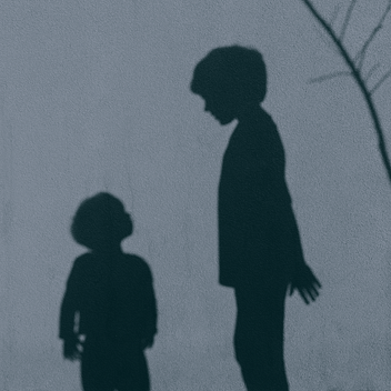 Image Of An Older Boy Shadow Hovering A Younger Version Of Himself Shadow Hile Younger Version Looks Up At Him.