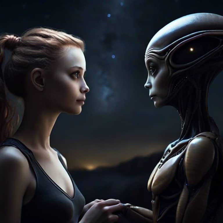 woman and alien face to face holding hands friends