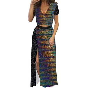 Sparkley V-neck Top Split Long Skirt