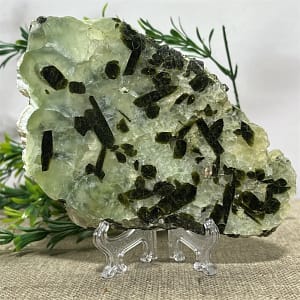 Crystal Natural Prehnite Slab Stone Quartz Energy Feng Shui Healing Spiritual Reiki Crystal+Stand