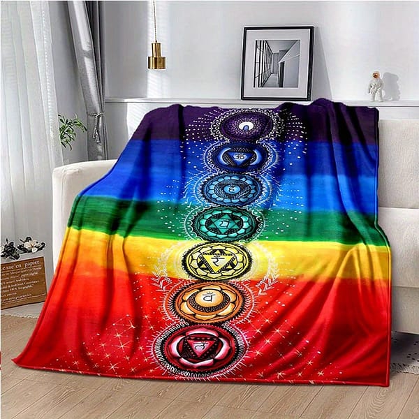 Rainbow Blanket Colorful Tassel Chakra Printed Flannel Meditation Decorative Blanket