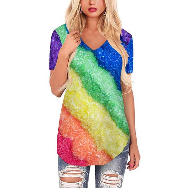 Rainbow Bright Long Hem Women V-neck Top