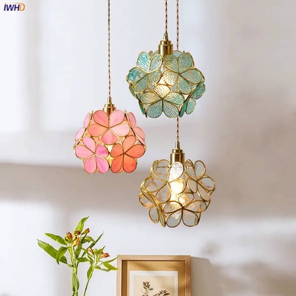 IWHD Nordic Flower Copper Pendant Lighting Fixtures Bedroom Dinning Living Room Glass LED Pendant Light Fixtures Luminaria