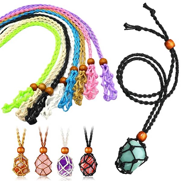 New Adjustable Necklace Cord Empty Meditation Stone Holder Wax Rope Necklace Natural Quartz Crystal Healing Stone Choker Net Bag