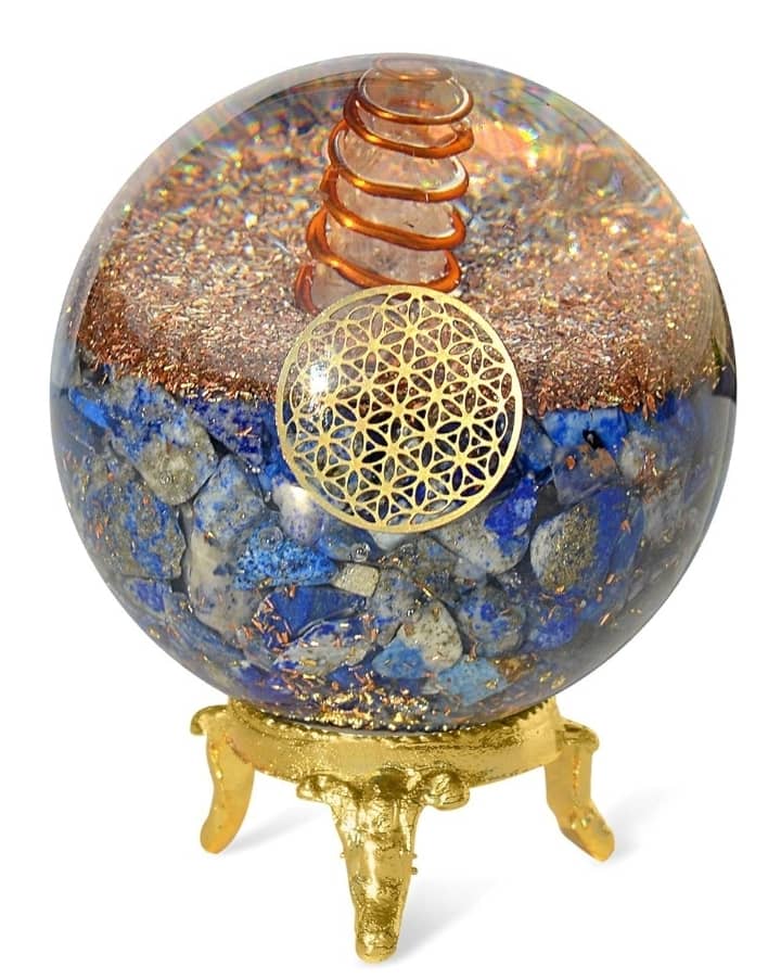 Orgonite Crystal Lapis Lazuli Ball with Holder – Third Eye Chakra Crystal with Flower of Life Enhances Decision Making and Promotes Friendship, Honesty, Compassion and Integrity