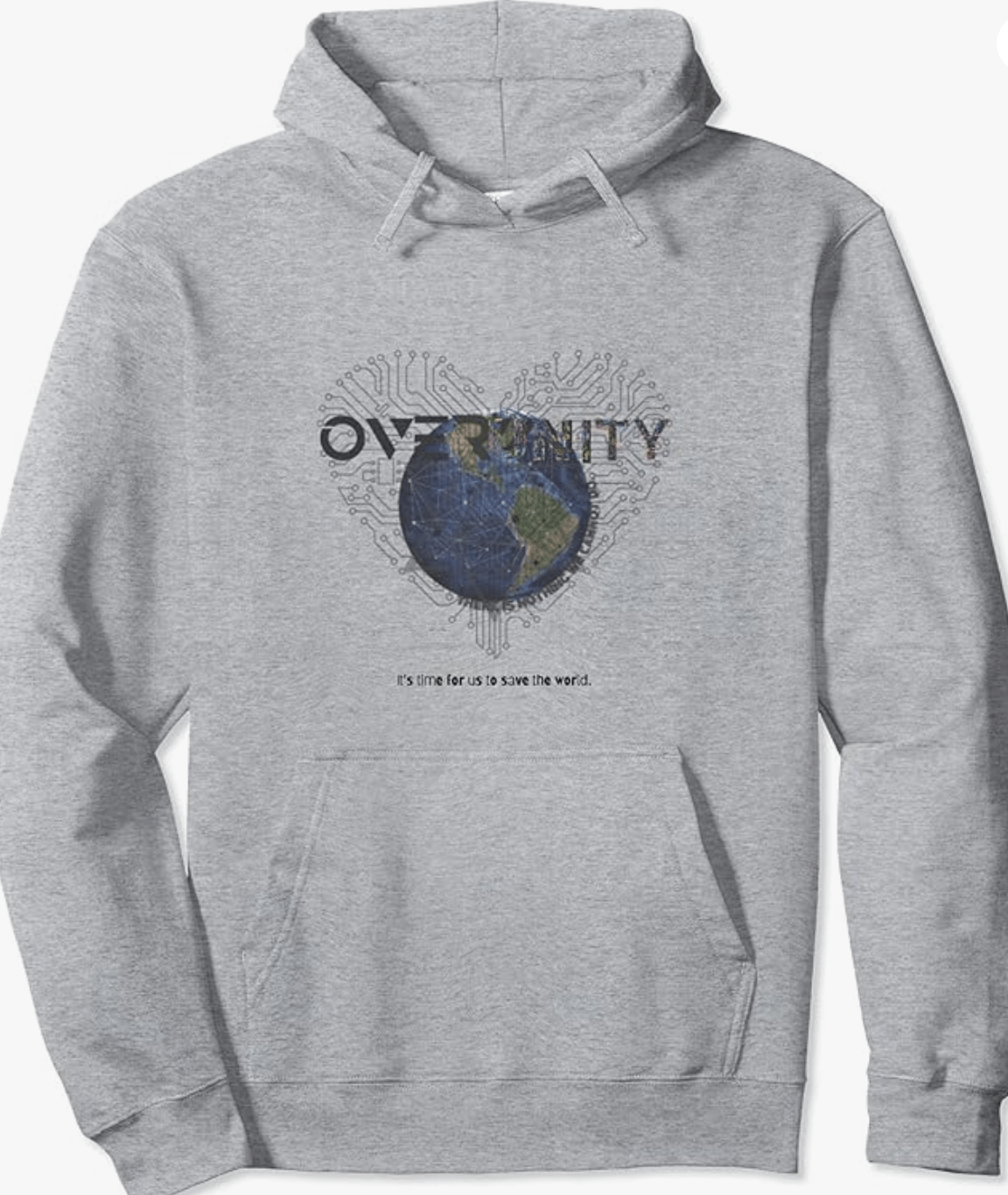 a grey hoodie with a globe and Over Unity Text