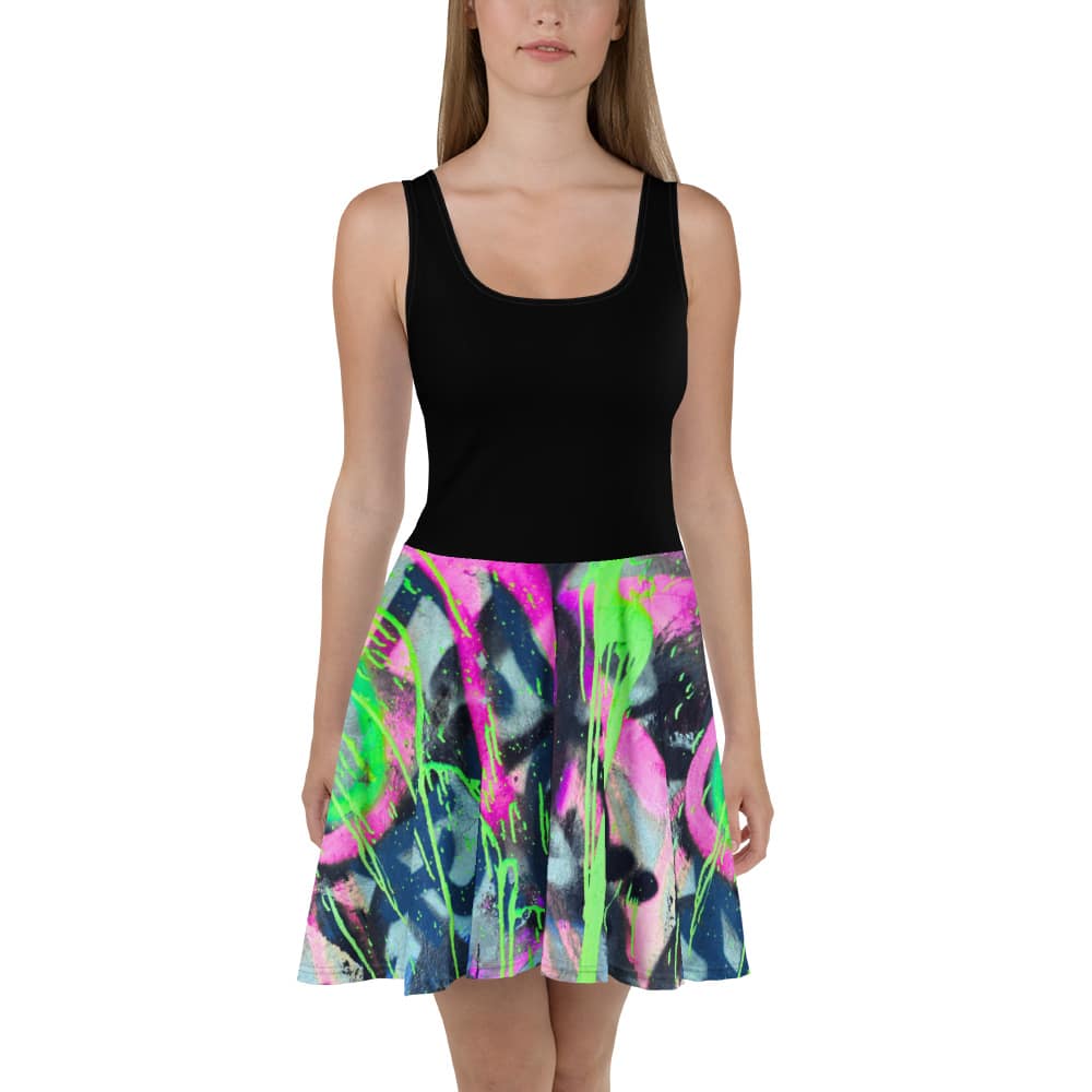 Neon Alchemy Skater Dress | Black &Amp; Graffiti Print Statement Dress 1 Neon Alchemy Skater Dress | Black &Amp; Graffiti Print Statement Dress