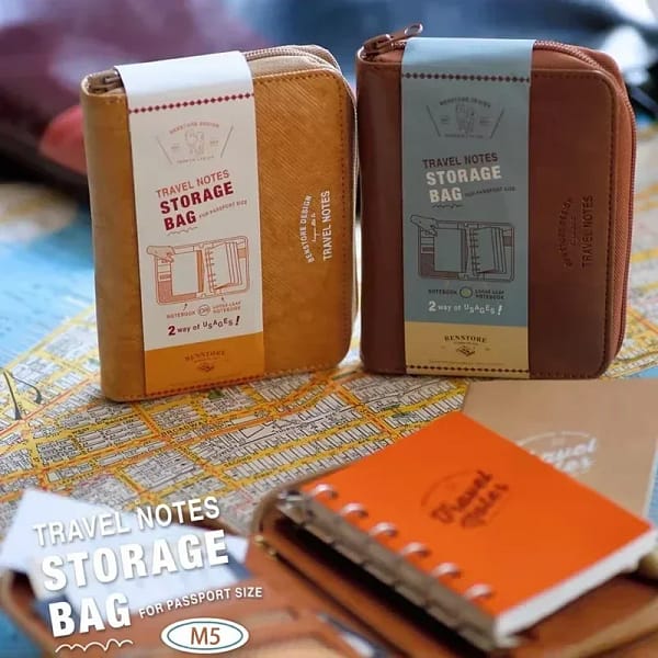 Fromthenon Portable Leather Zipper Traveler Notebook Journal M5 Loose-leaf Notebook Zipper Storage Bag Stationery Supplies