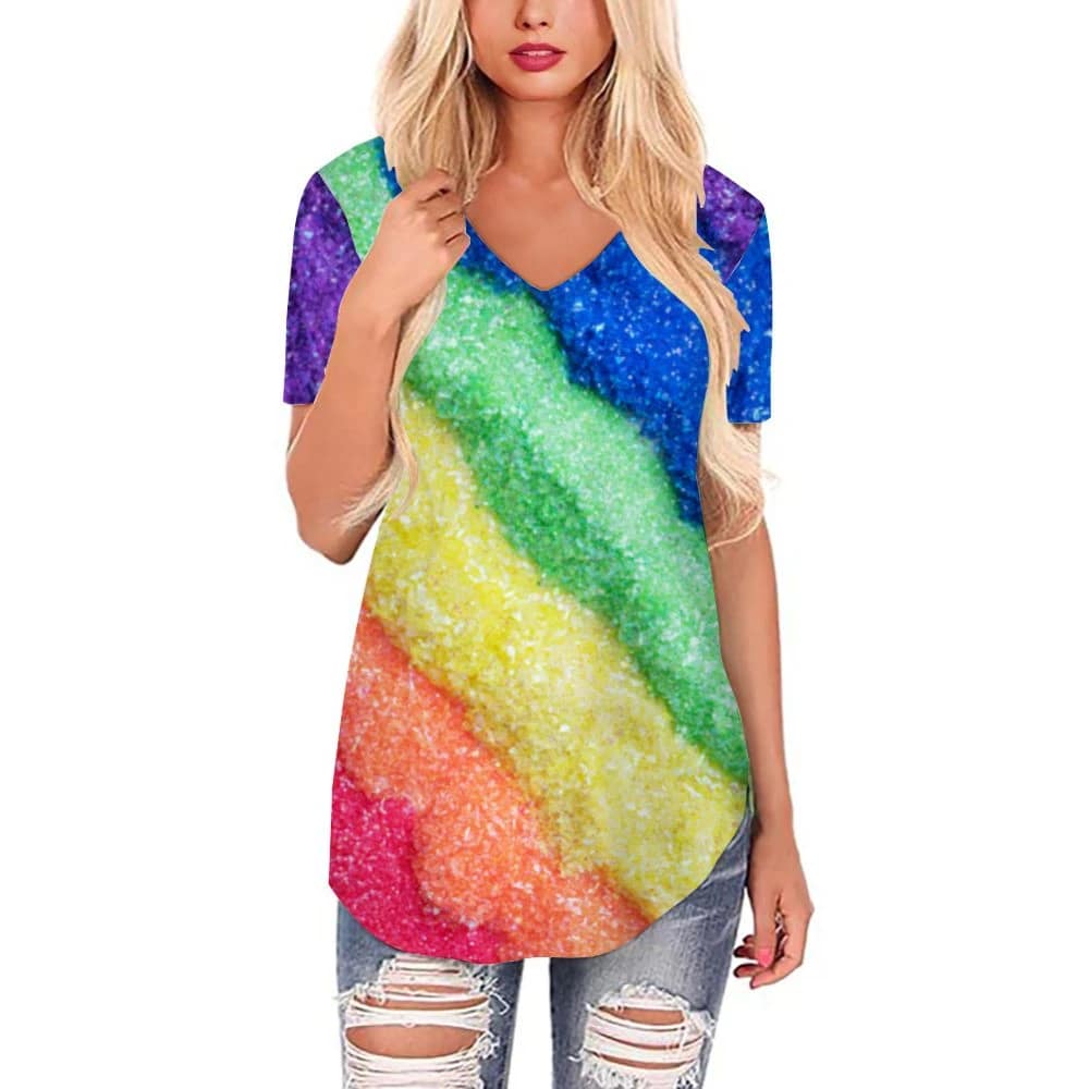 Rainbow Bright Long Hem Women V-neck Top 1 Rainbow Bright Long Hem Women V-neck Top