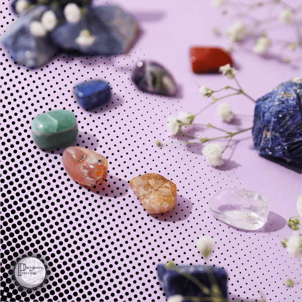 a group of colorful rocks and flowers