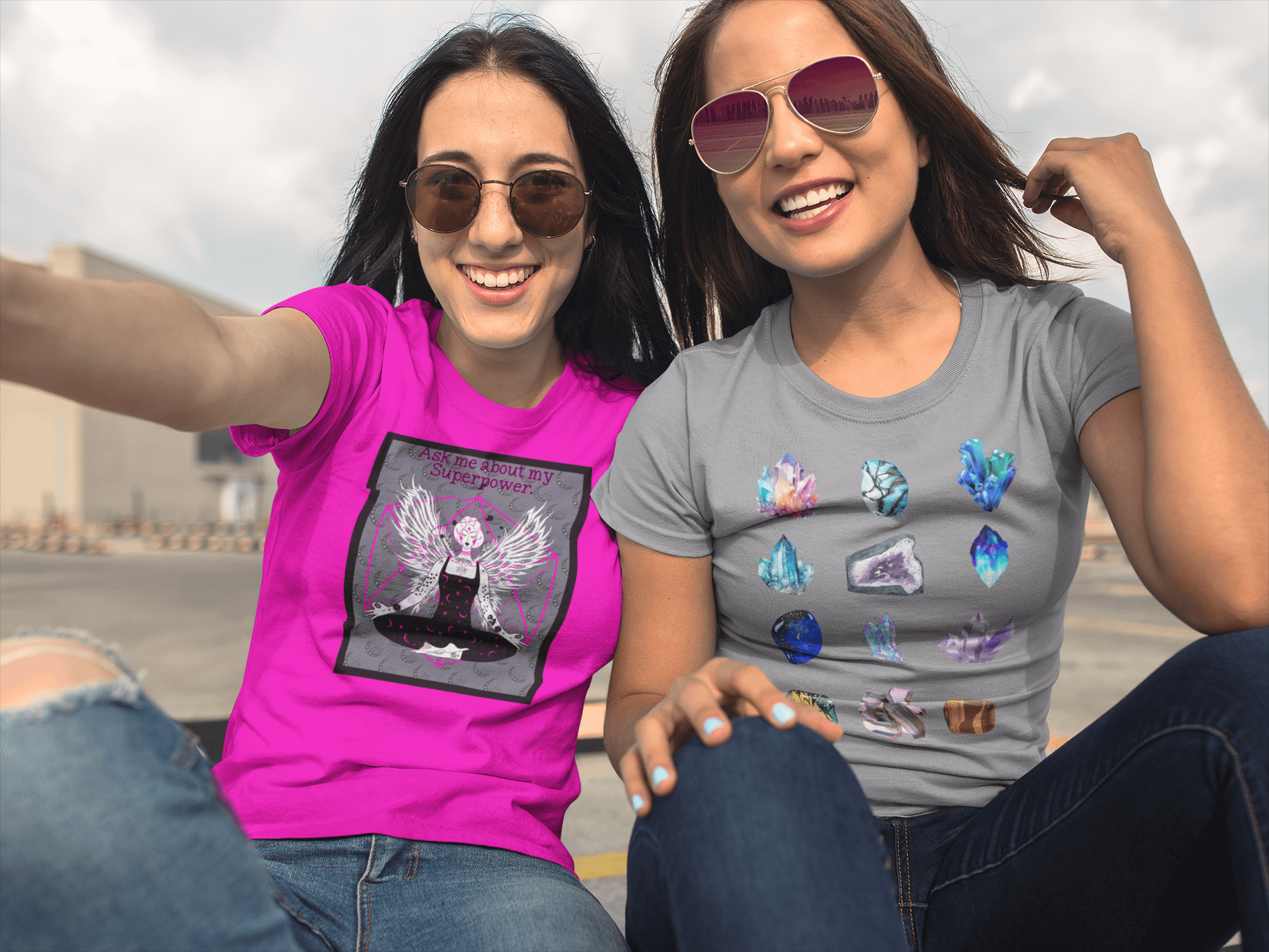two-beautiful-girls-wearing-round-neck-tees-mockup-while-outdoors-a16907kuv superpower & crystal merch