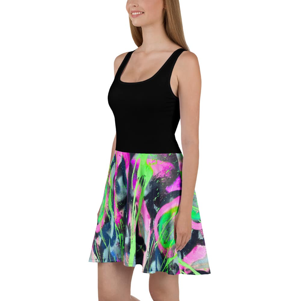 Neon Alchemy Skater Dress | Black &Amp; Graffiti Print Statement Dress 3 Neon Alchemy Skater Dress | Black &Amp; Graffiti Print Statement Dress - Image 3