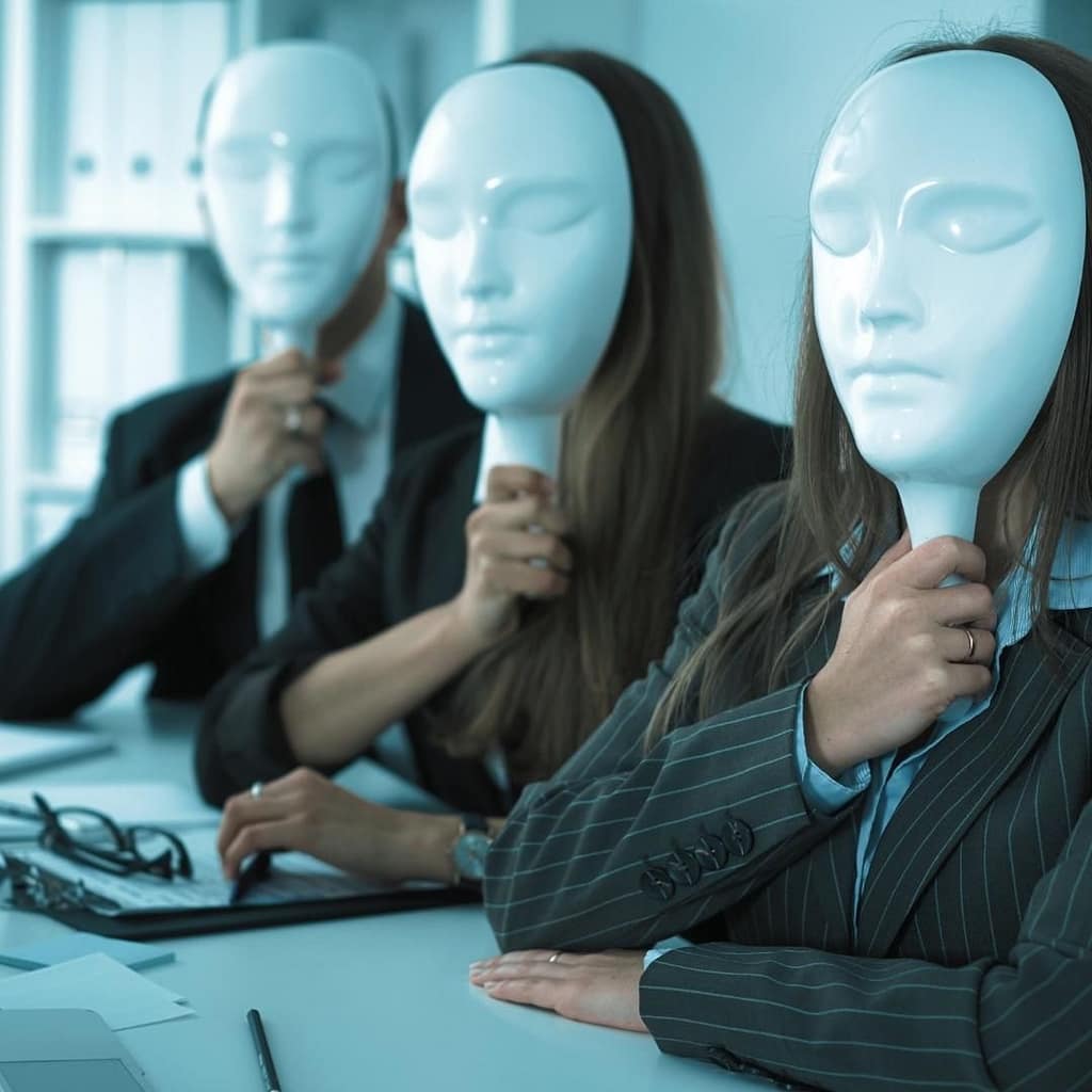 Empowering Voices: Confronting Stigma In The World Of An Addiction Blogger 2 People Sitting At Table Holding White Masks On Their Faces To Prevent Others From Seeing Who They Are.