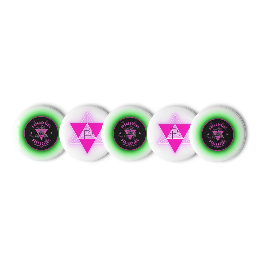 Progressing Not Perfecting Logo Pin Set | 5-Piece Spiritual Button Collection. 1 Progressing Not Perfecting Logo Pin Set | 5-Piece Spiritual Button Collection.