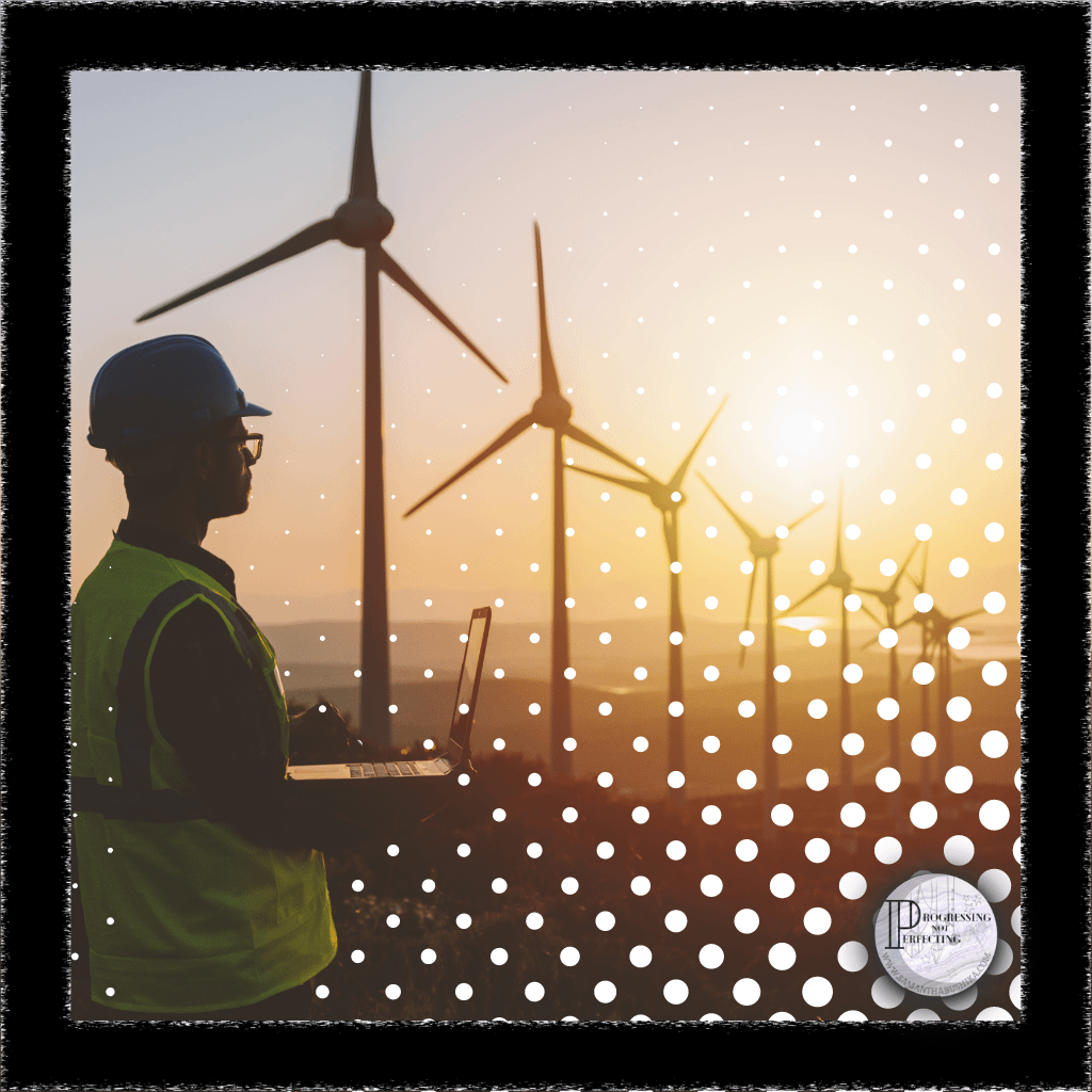 3 Personal Energy Management : A Man In A Hard Hat Holding A Laptop In Front Of Windmills