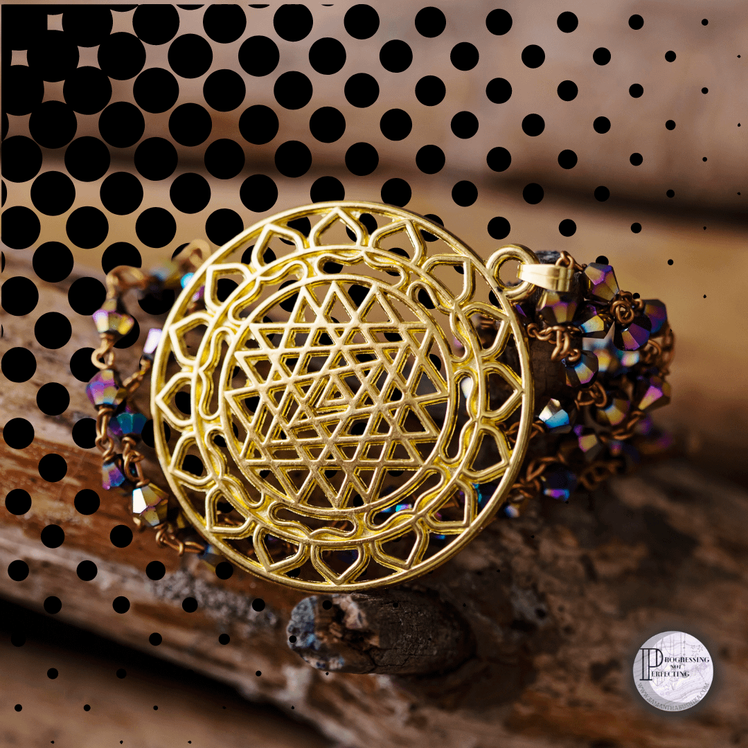 4 A Gold Medallion With A Triangle Design On A Beaded Bracelet