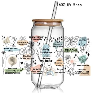 Daily Reminders 16OZ UV DTF Cup Wrap Transfers Stickers Custom Positive Affirmation Words UV CUp Wraps For Libbey Glass