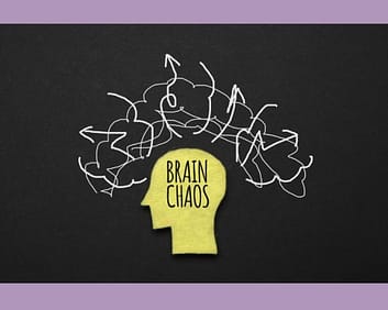 Image representing the Brain in active addiction or anxiety without meditation. A yellow head saying Brain Chas with white squiggle lines everywhere around the head.