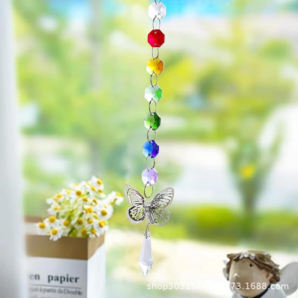 Colorful Octagonal Beads Dazzling Hollow Butterfly Wind Chimes Crystal Pendant Sunshine Catcher Garden Hanging Decoration 1 Colorful Octagonal Beads Dazzling Hollow Butterfly Wind Chimes Crystal Pendant Sunshine Catcher Garden Hanging Decoration