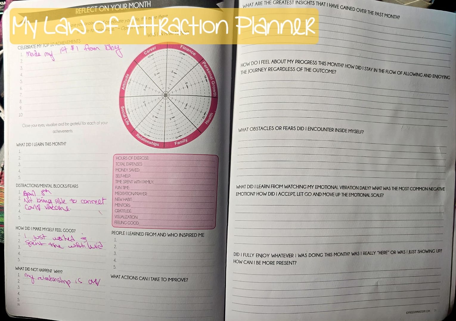 My Law of Attraction Planner relection Page
