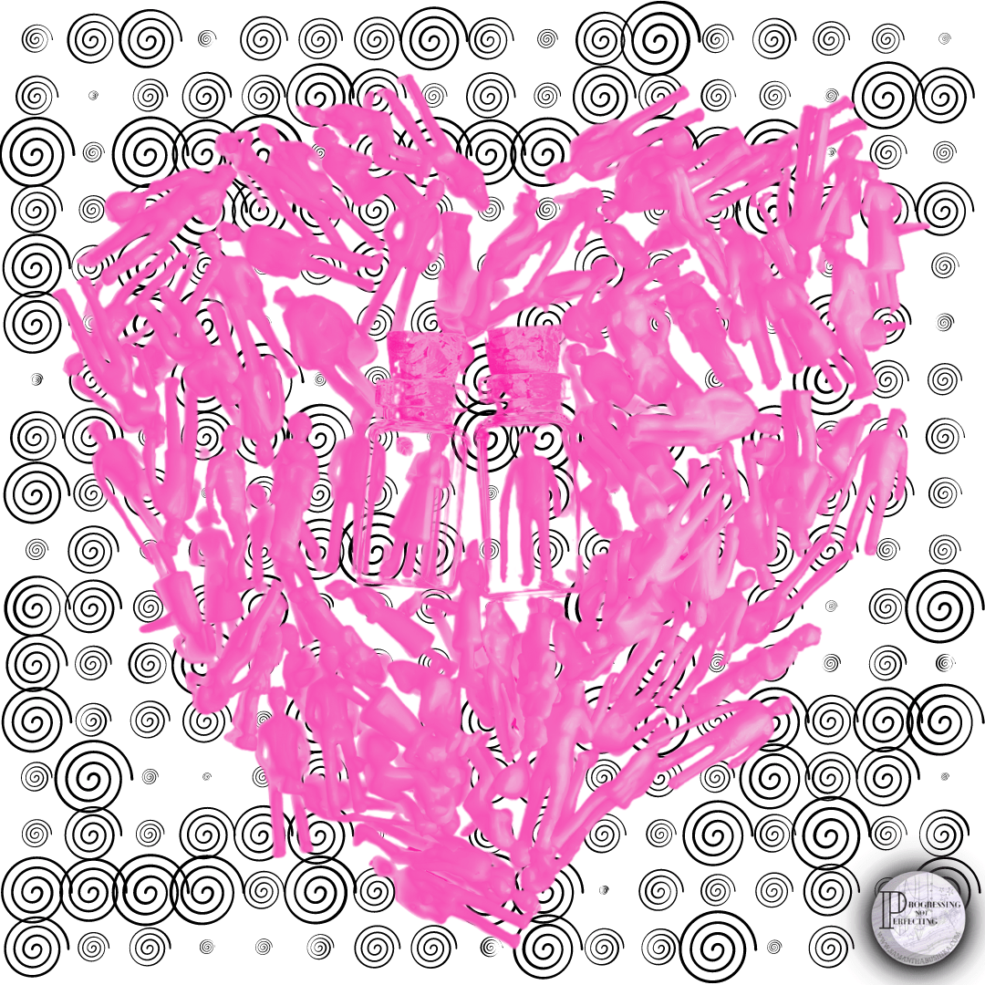 a heart made of pink plastic people protected by bottles