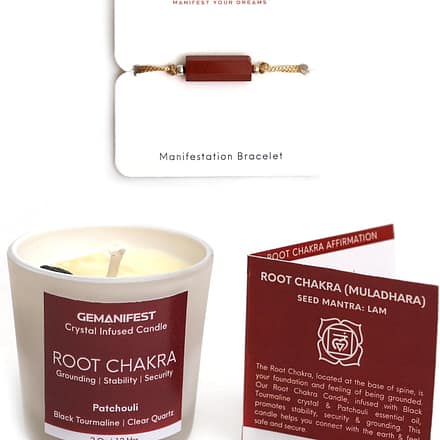 Gemanifest Root Chakra Meditation Candle with Red Jasper Energy Healing Bracelet Patchouli Crystal Candles for Protection Stability and Grounding